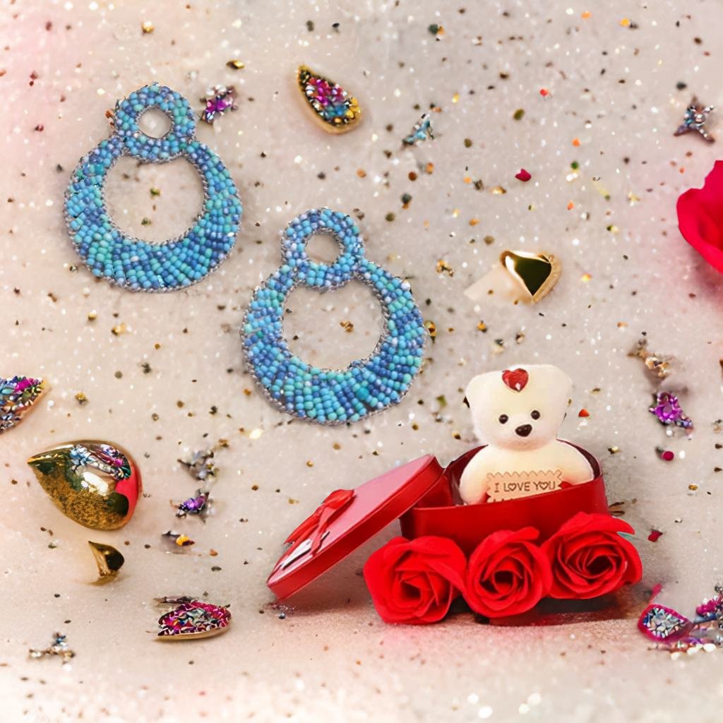 Women Handcrafted Dangle Earrings & Red Teddy Combo Gift Set image 1