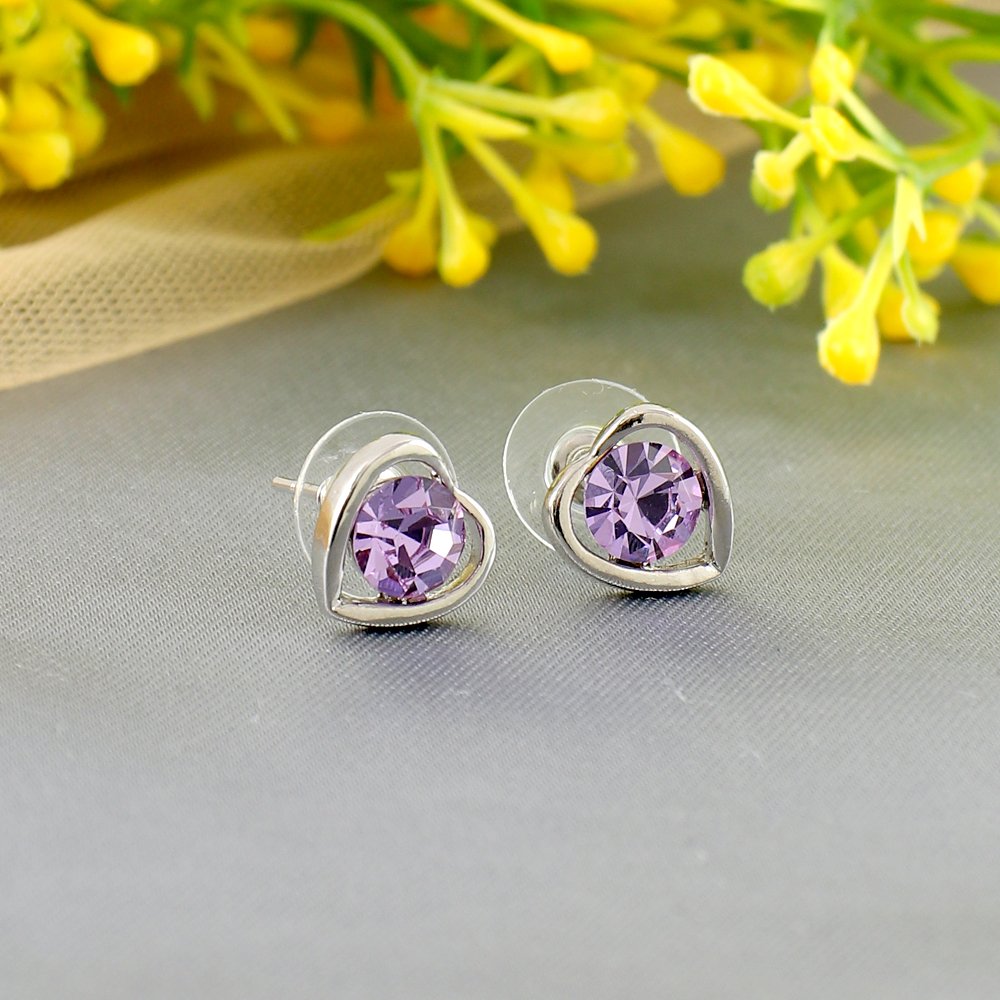 Silver-Plated Heart Pink Crystal Studded Earrings image 0