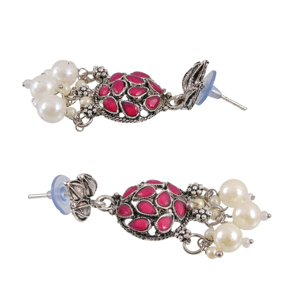 Oxidised Silver Pink Stone Pearl Beaded Jewellery Set image 5