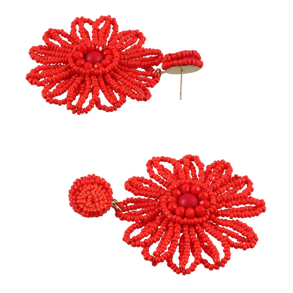 Handcrafted Red Beaded Flower Earrings image 1