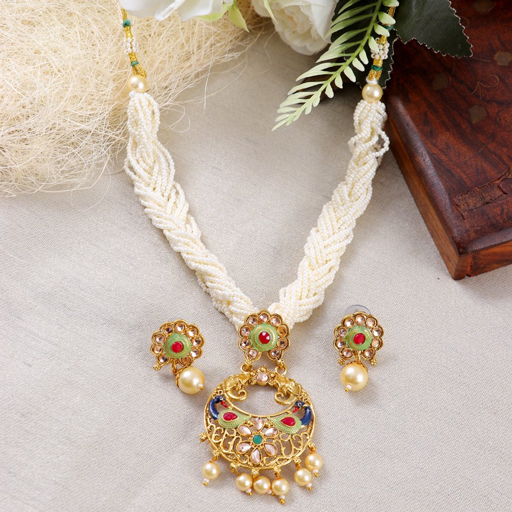 Gold-Toned Studded White Pearl Beaded Meenakari Jewellery Set image 0