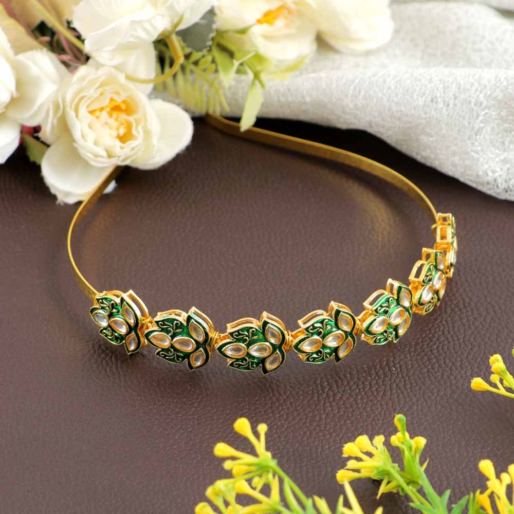 Gold-Plated  Lotus Design Studded Sheeshphool Hairband with Free Brooch Gift image 4