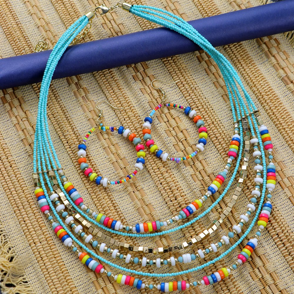 Boho Multicolor Indian Beaded Multi Strands Jewelry Set for Women/Girls image 1