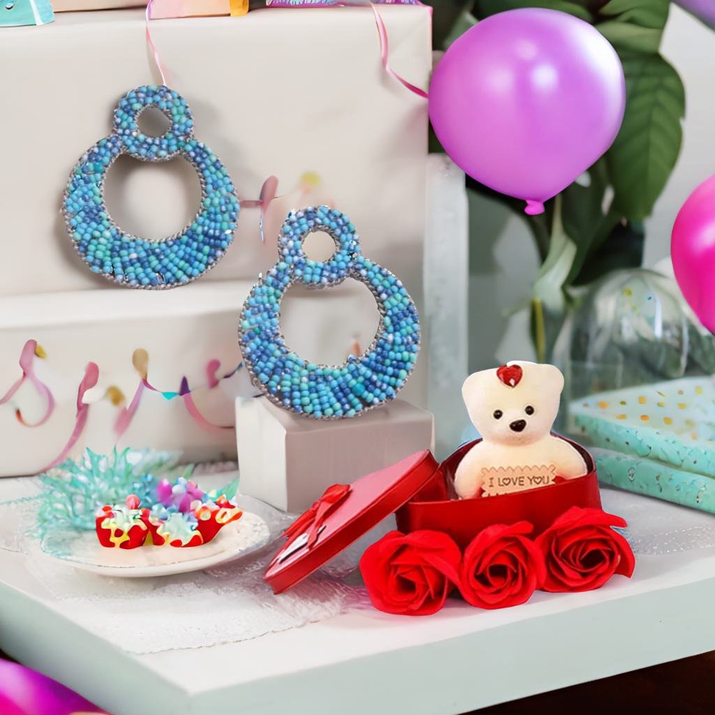 Women Handcrafted Dangle Earrings & Red Teddy Combo Gift Set image 0