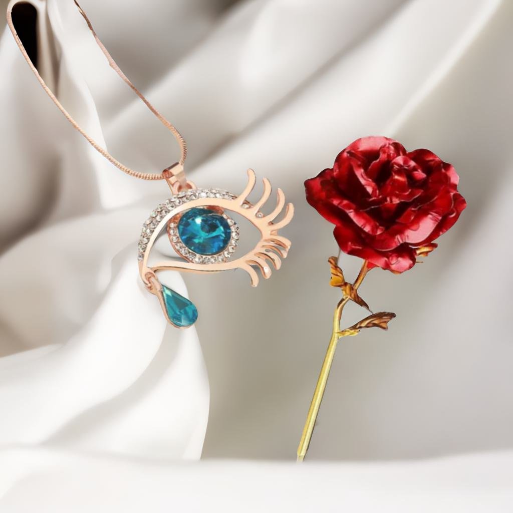 Valentine's Day Jewelry Gift Set Angel Blue Eye Pendant Chain Necklace with Red Rose image 0