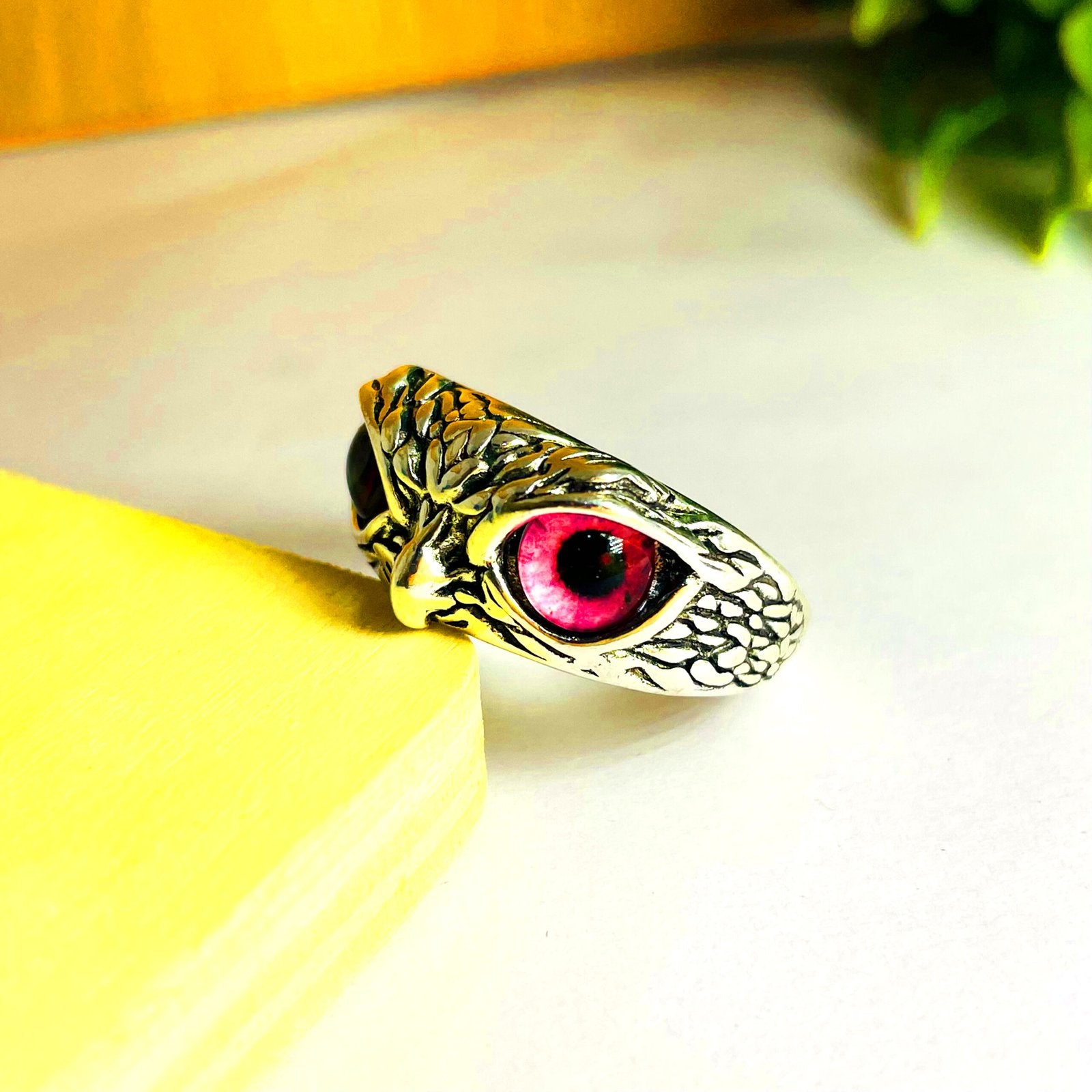 Oxidized Silver Adjustable Owl Eye Devil Pink Stone Finger Ring image 0