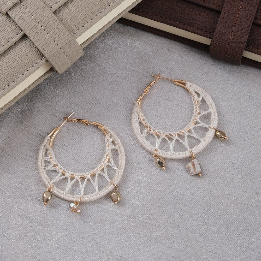 Handcrafted Gold-Plated Off White Thread Hoop Earrings For Women/Girl's image 2