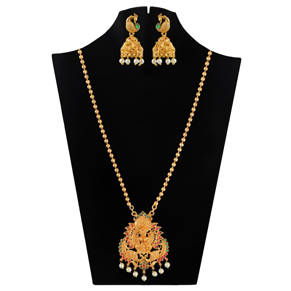 Gold-Plated Divine Lakshmi Peacock Long Necklace Set image 3