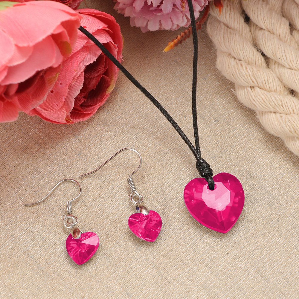 Pink Crystal Heart Pendant Necklace and Earrings Set image 0