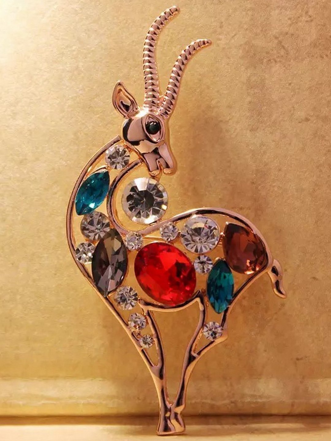 Gold-Plated Multicolor Crystal Studded Goat Style Brooch for Unisex image 3