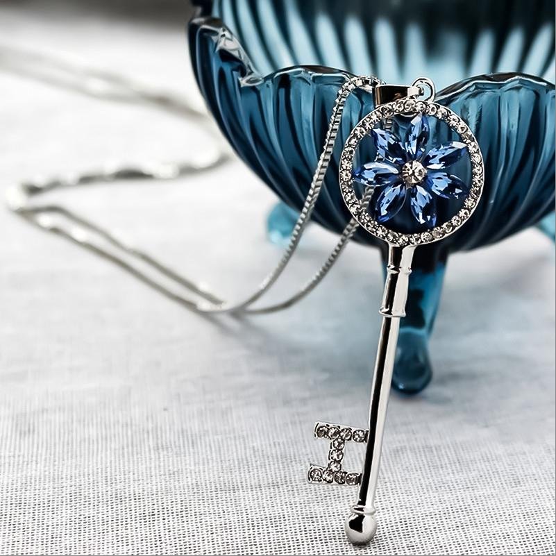 Silver-Plated Blue Crystal Stud Key Chain Pendant Necklace For Women/Girl's image 1