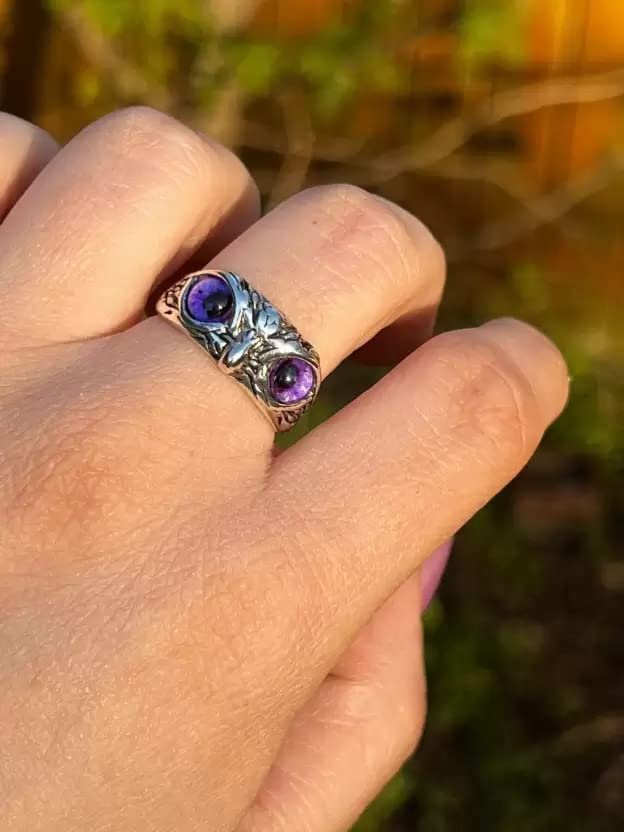 Oxidized Silver Crystal Studded Purple Owl Eye Finger Ring image 2