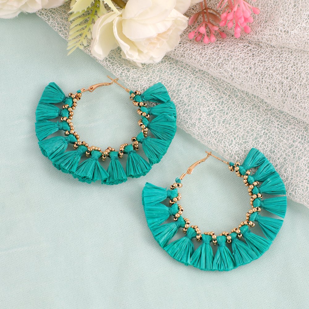 Handcrafted Green Thread Detailed Hoop Earrings image 0