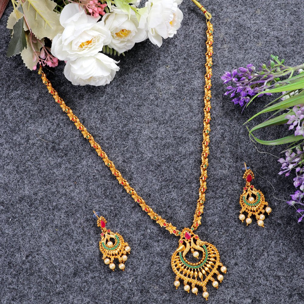 Gold-Plated Red & Green Stone Long Necklace Set image 0