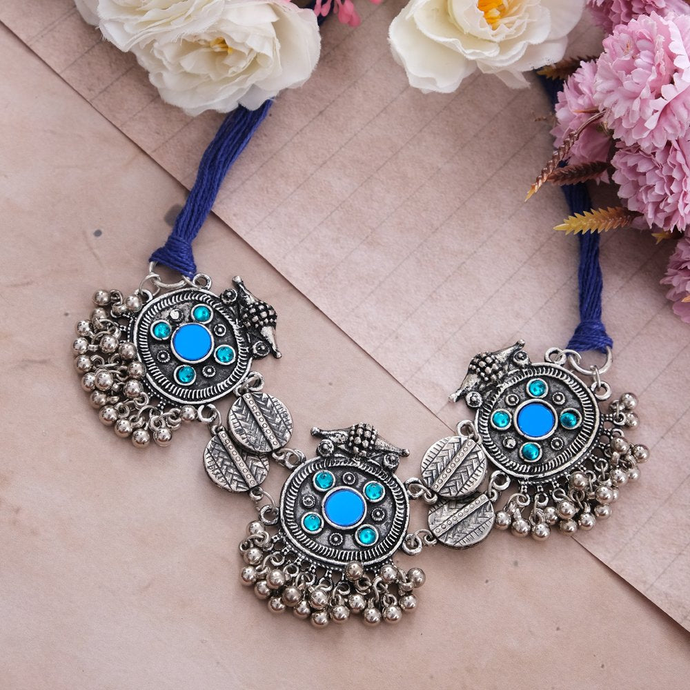 Oxidized Silver Blue Crystal Choker Necklace image 0