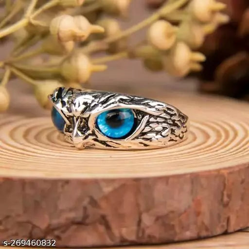 Oxidised Silver Owl Ring Blue Cat Eyes Adjustable Finger Ring image 4