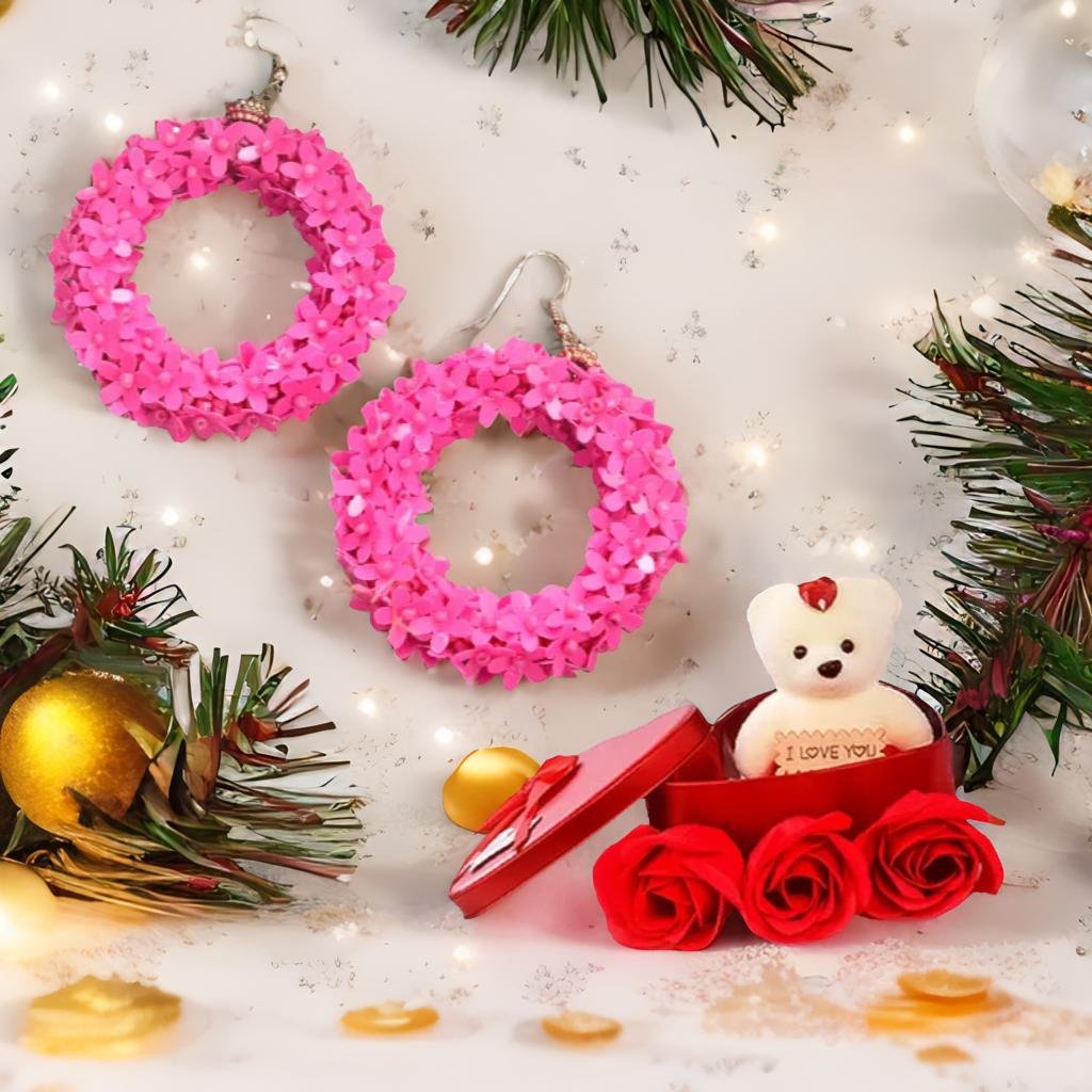 Combo for Women Pink Hoop Earrings & Red Teddy Bear image 2