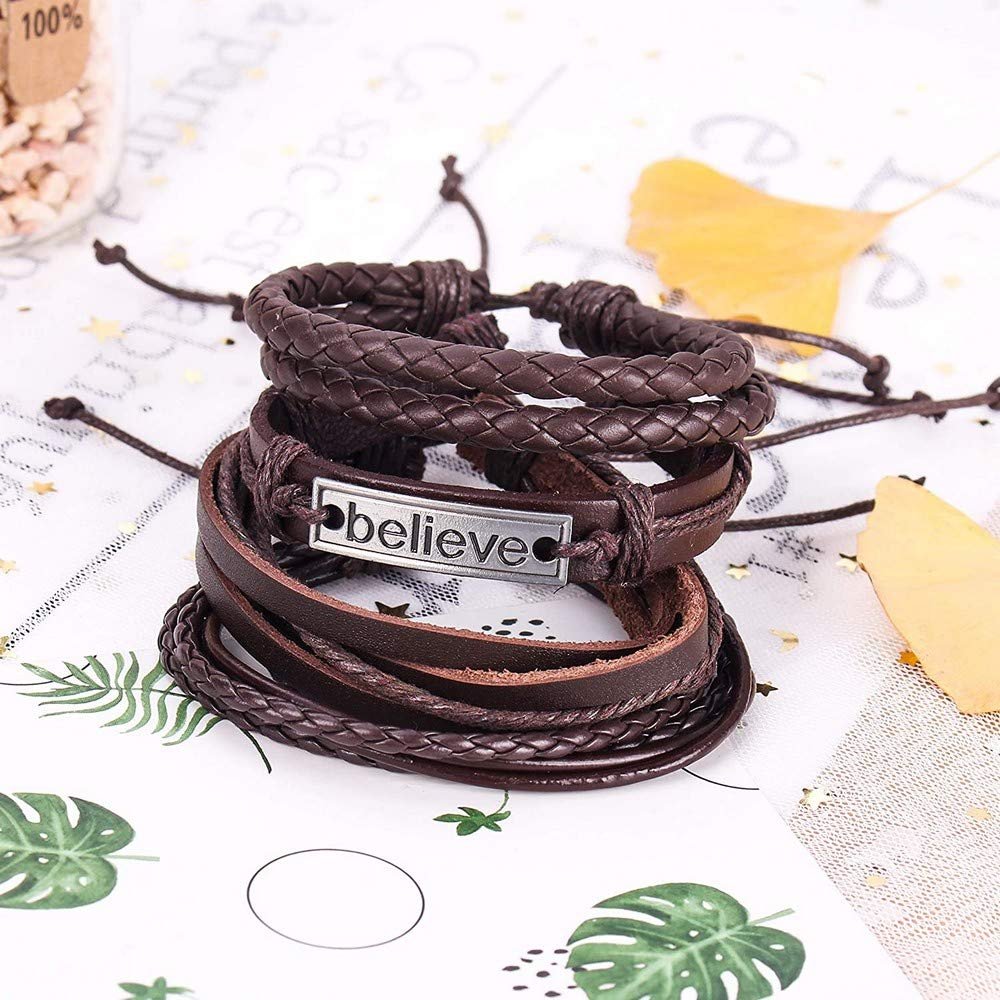 Believe Brown Leather Bracelet Set Multiple Strands for Men Pack of 4 image 1