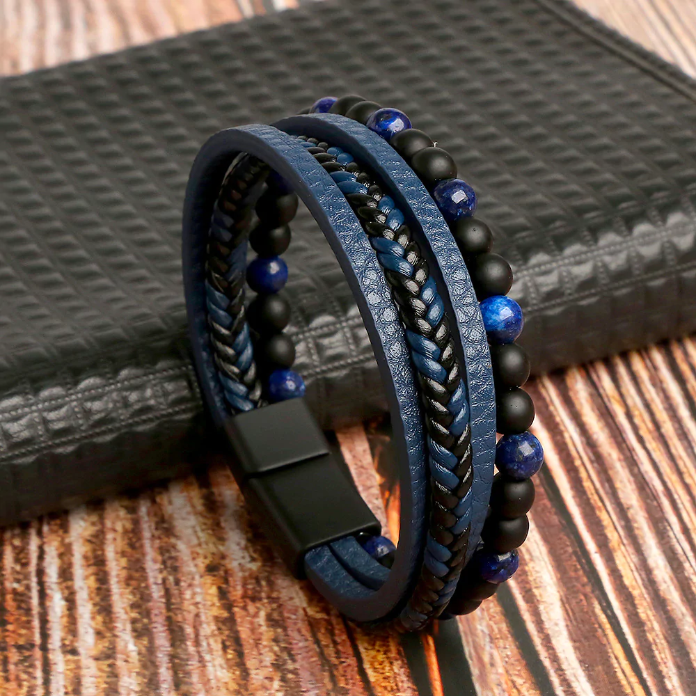 Bold Blue Leather Bracelet Black Beads for Men image 4