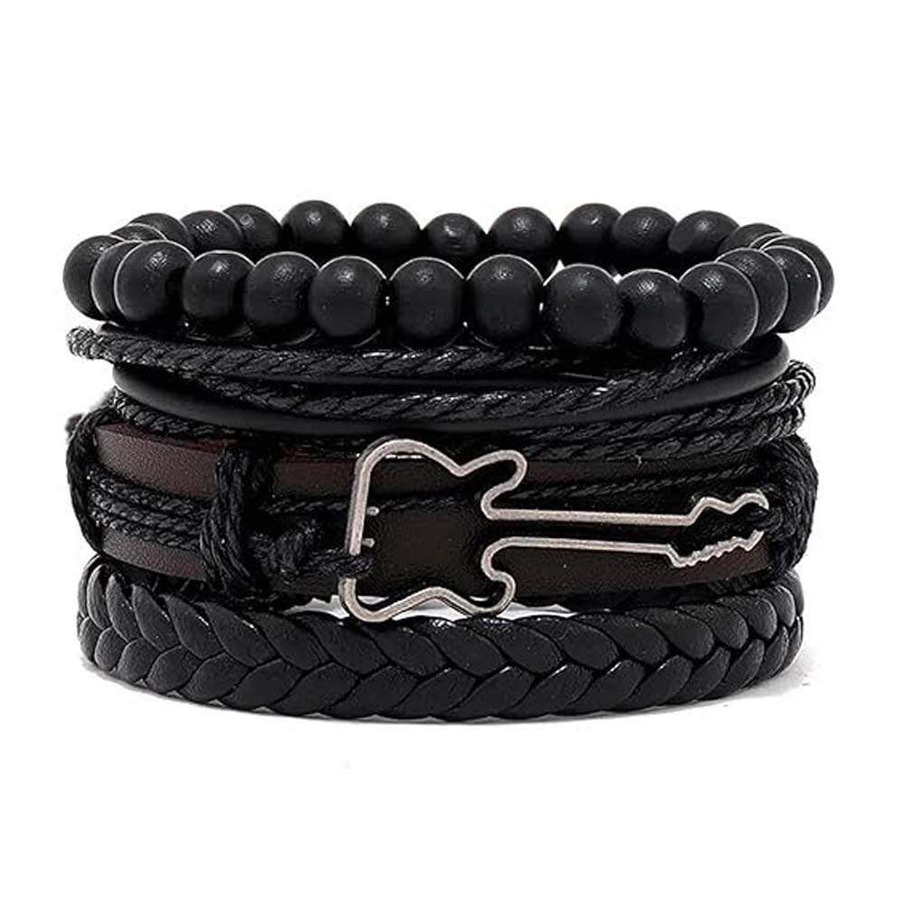 Men's Silver-Plated Guitar Beaded Leather Bracelet image 4