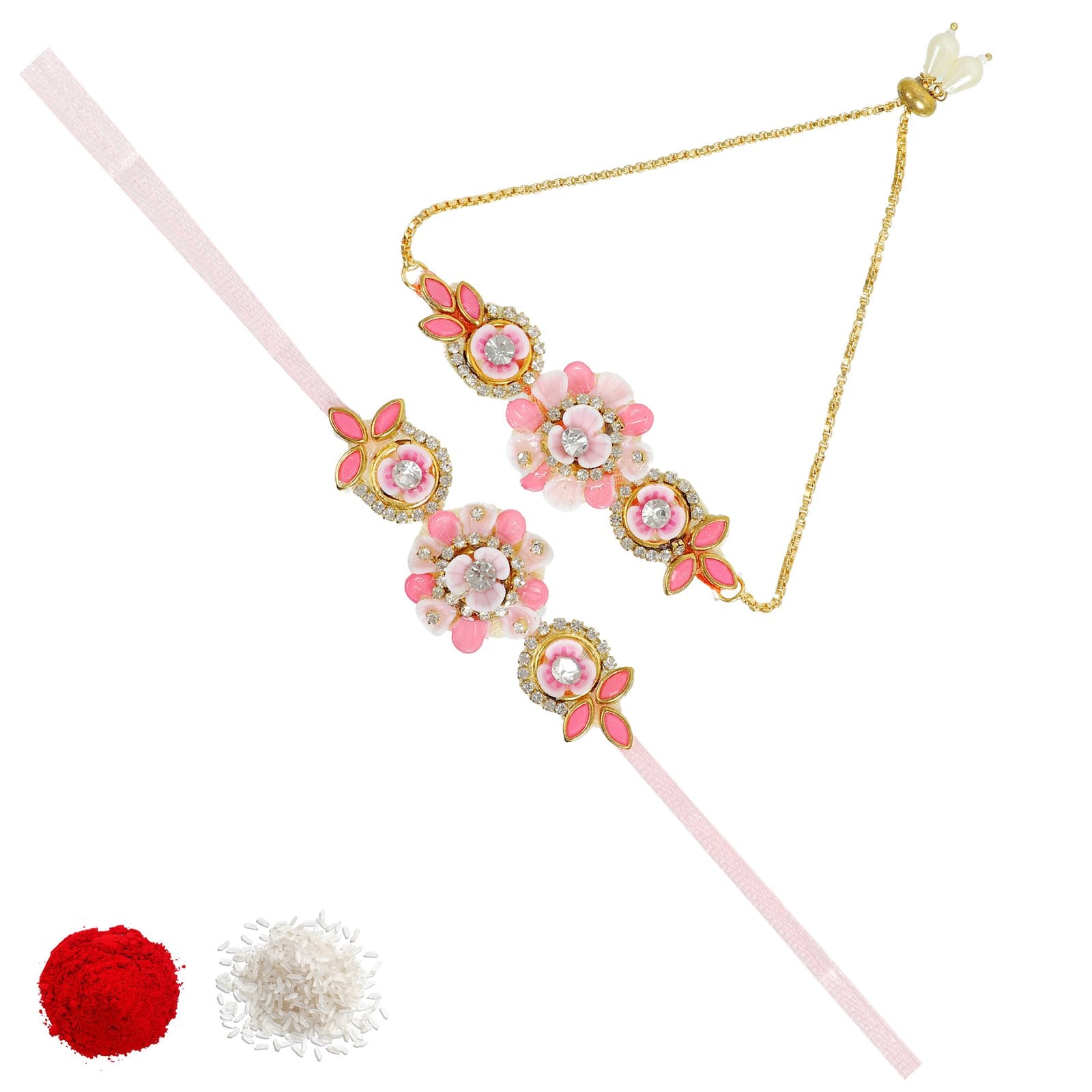 2 PCs Bhaiya Bhabhi Couple Kundan Zari Pearl Design Rakhi image 3