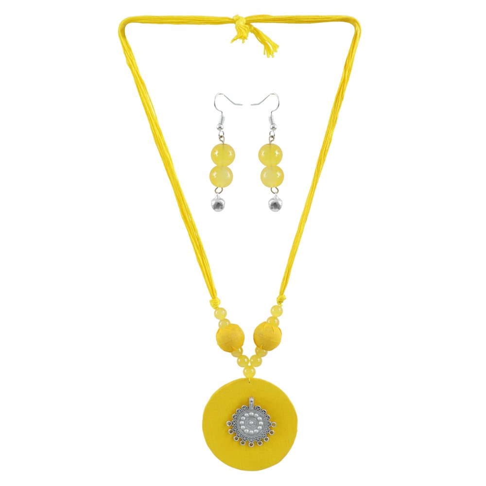 Blossoms Handmade Yellow Fabric Oxidised Silver Pendant Jewellery Set image 3