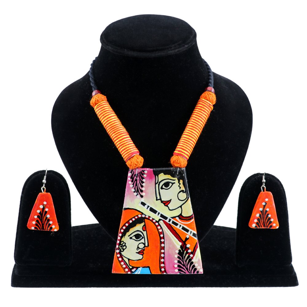 Hand-Painted Shri Ram Sita Terracotta Orange Fabric  Jewellery Set image 1