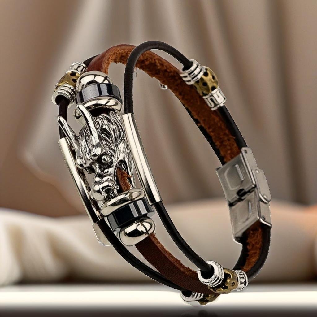 Men's Silver Plated Dragon Head Triple Strands Brown Leather Bracelet image 4