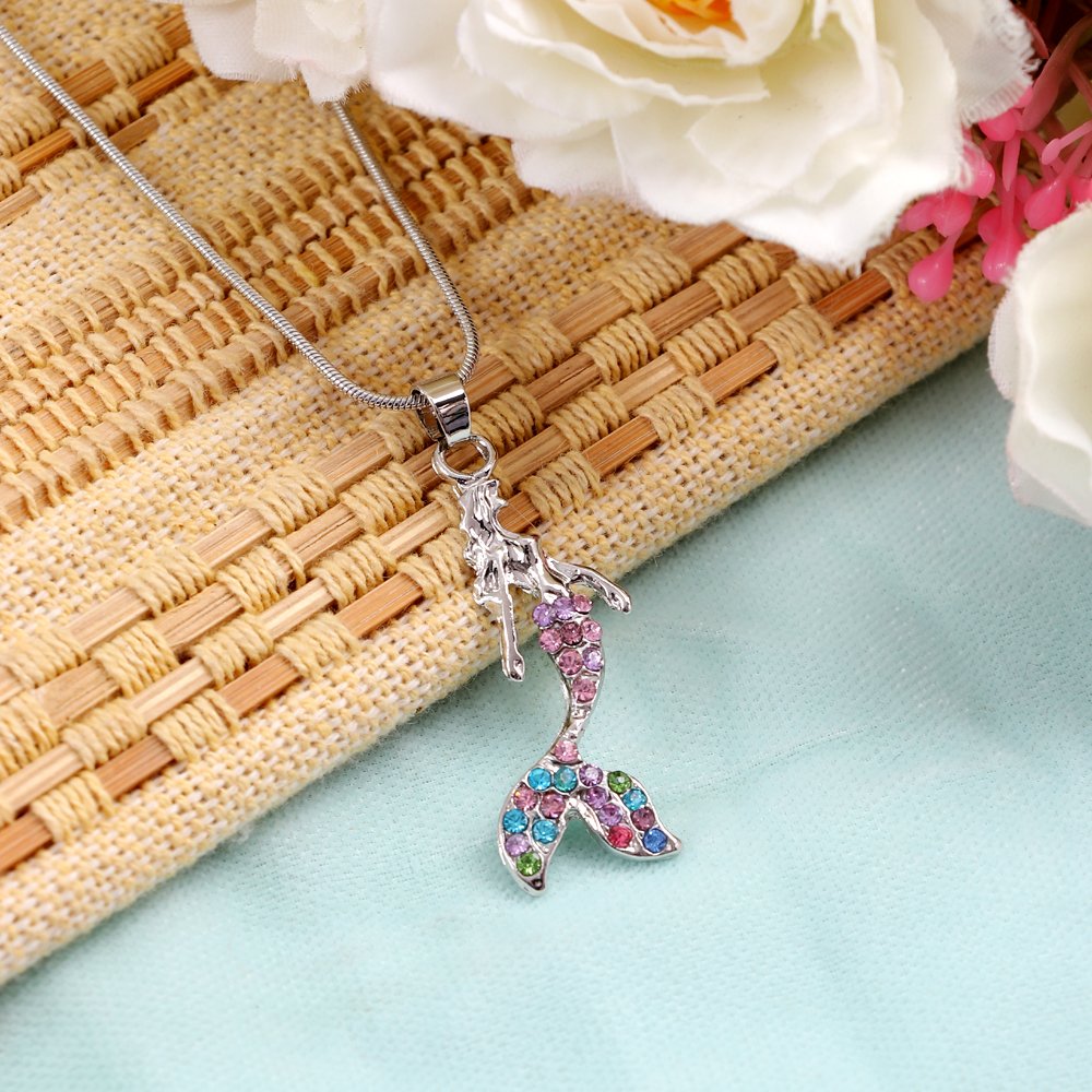 Silver Plated Pink Crystal  Mermaid Pendant Necklace image 2