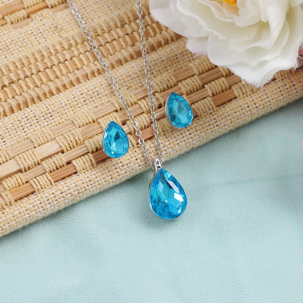 Silver-Plated Blue Crystal Tear Drop Necklace & Earrings set image 1
