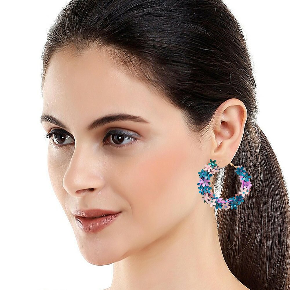 Beaded Multi Floral Hoop Earrings image 1