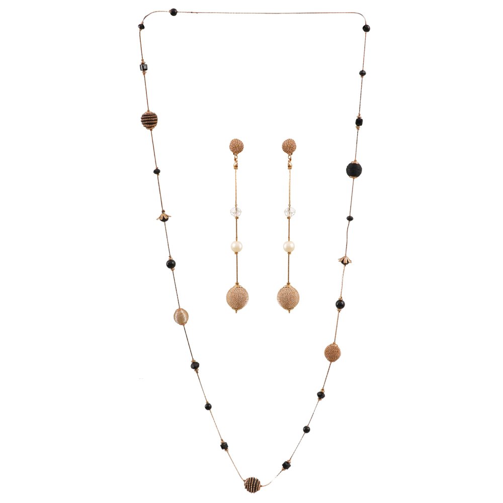 Gold-Toned & Black Beaded Long Necklace & Earrings image 3