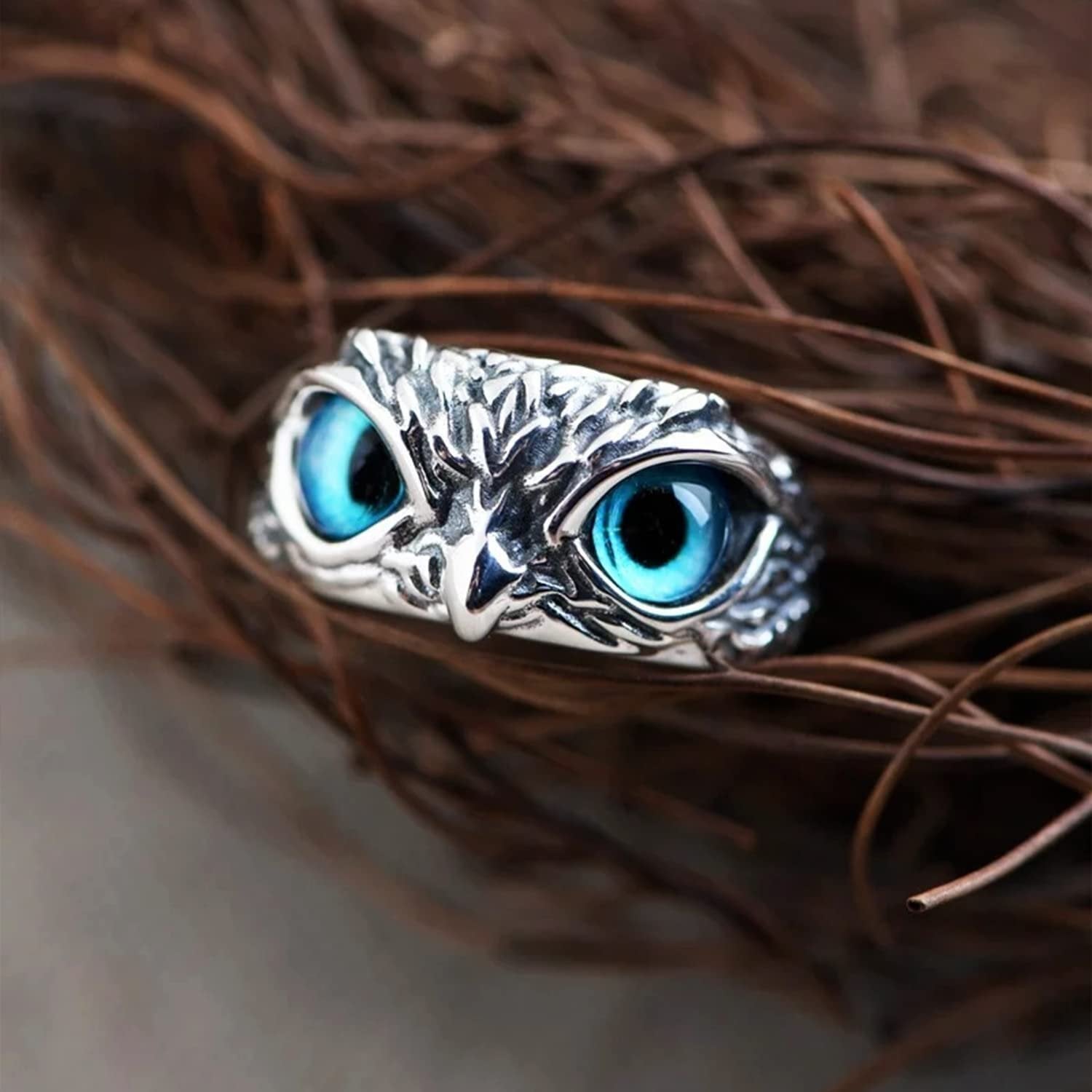 Oxidised Silver Owl Ring Blue Cat Eyes Adjustable Finger Ring image 0