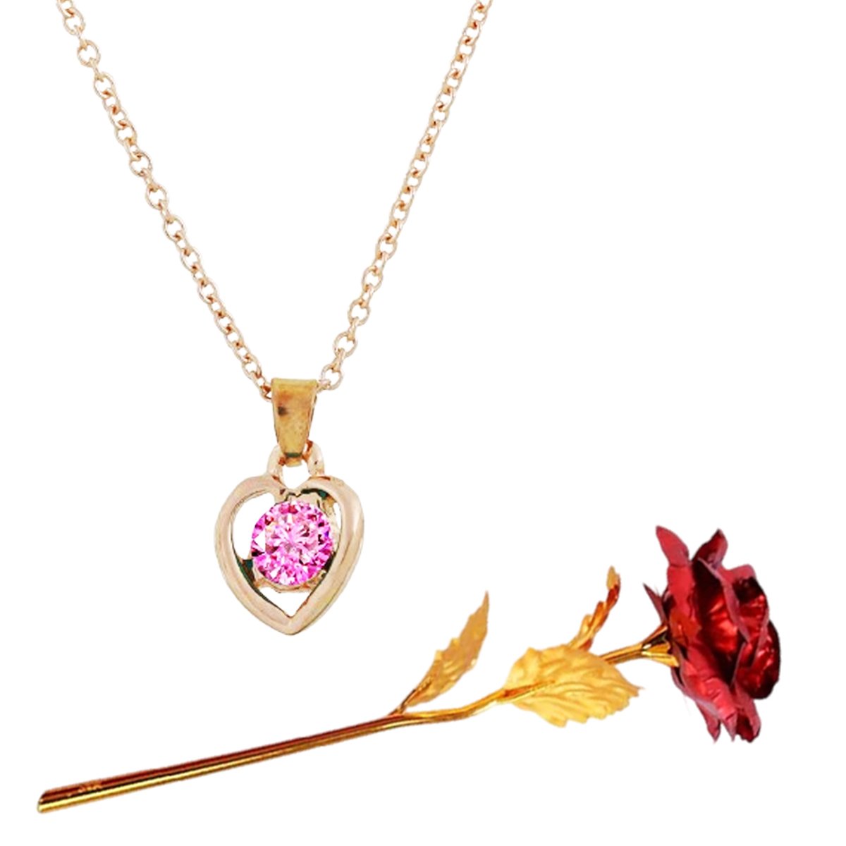 Valentine's Day Pink Heart Pendant Chain & Red Rose Combo Set image 1