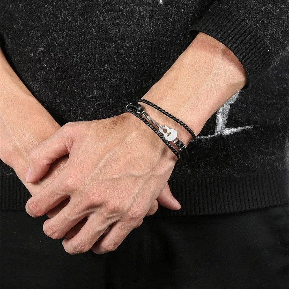 Silver-Plated Guitar Motif on Black PU Leather Bracelet for Men image 2