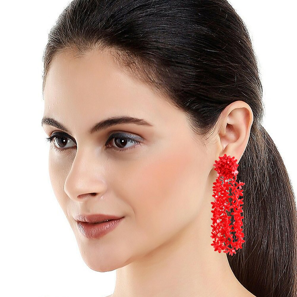 Red Beaded Floral Classic Tassel Earrings image 3
