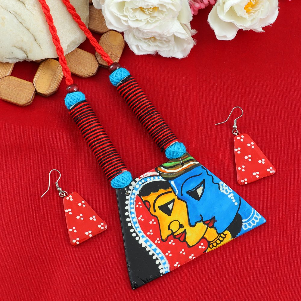 Hand-Painted Krishna-Radha Terracotta Fabric Jewellery Set image 1