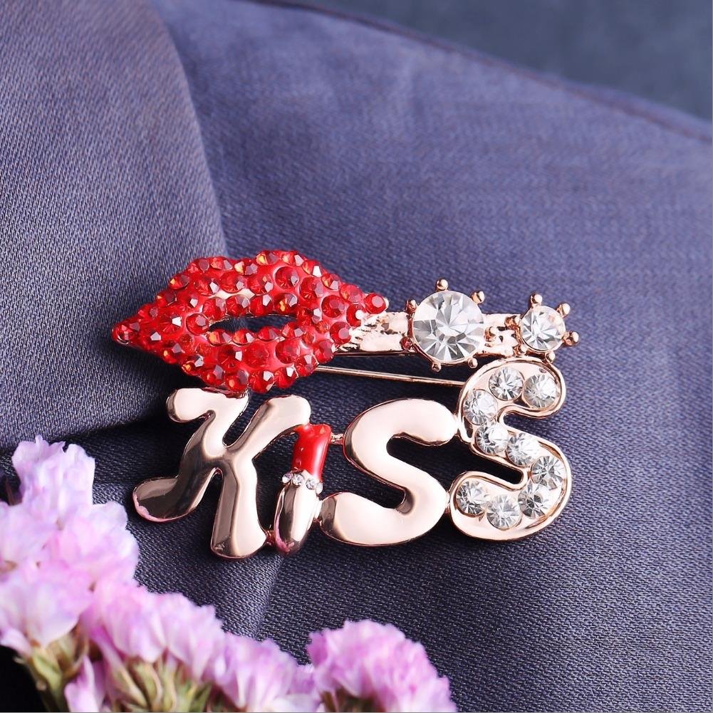 Gold-Plated Kiss Engraved Red Lips Brooch image 1
