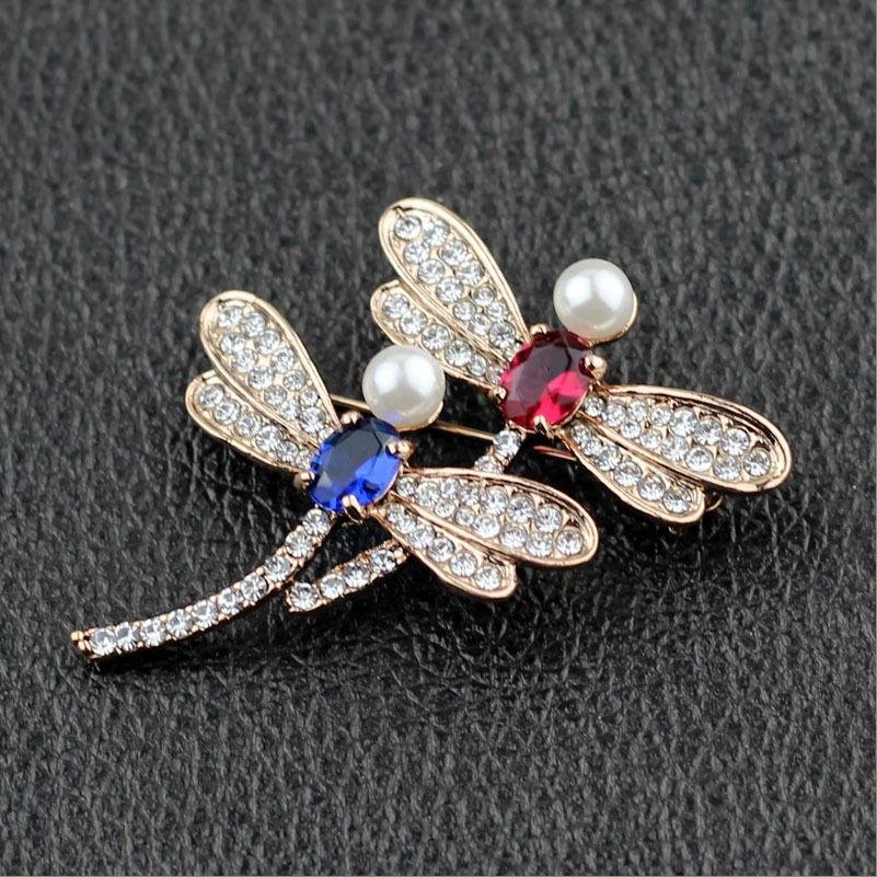 Gold-Plated Red& Blue Crystal DragonFly Dual Brooch For Womne/Girl's image 0