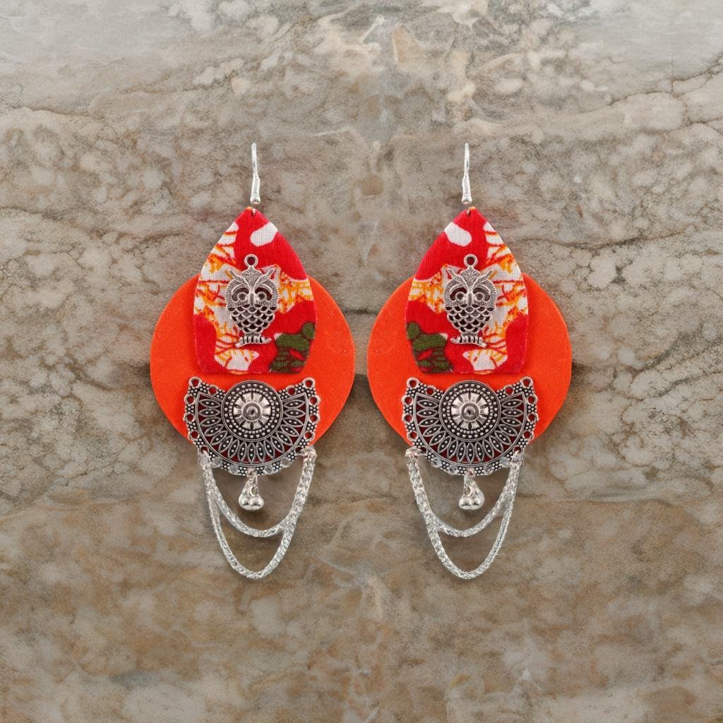 Handcrafted Orange Fabric Owl Pattern Dangler Earrings image 5