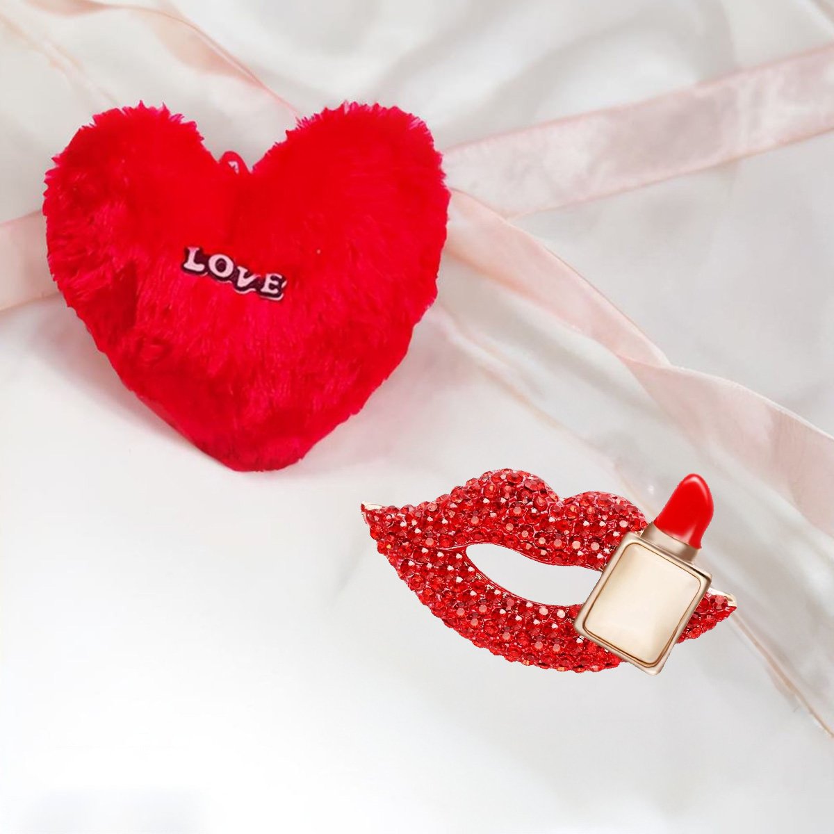 Valentine's Day Combo Set Hot Red Lipstick Brooch with Heart Pillow image 0