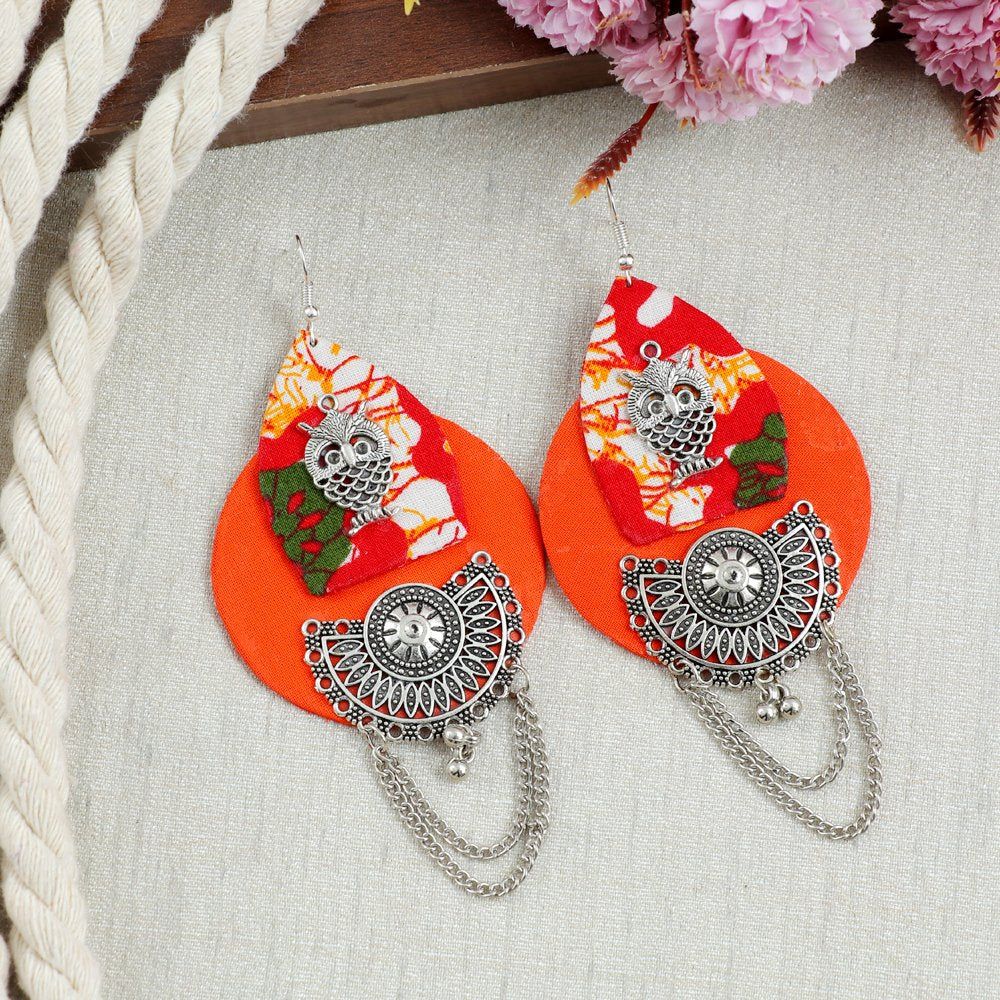Handcrafted Orange Fabric Owl Pattern Dangler Earrings image 2