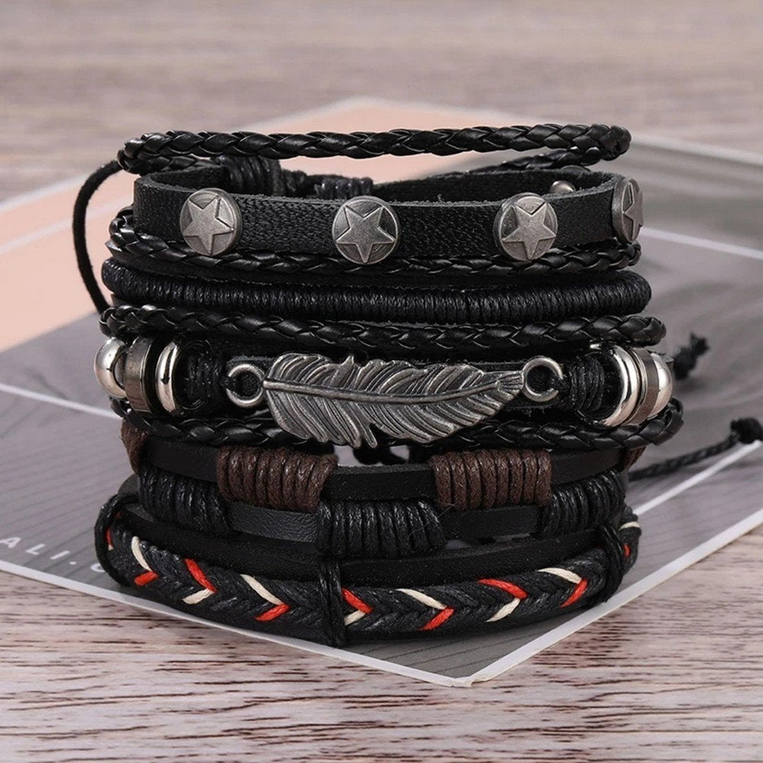 Men's Oxidised Silver Feather Black Leather Bracelets image 0