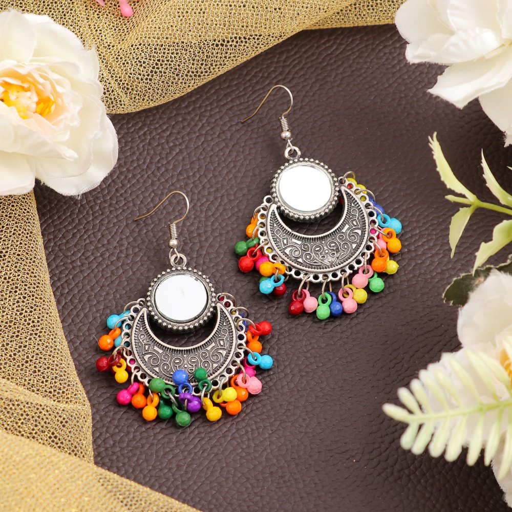 Oxidised Silver Mirror Chandbali Multi Pearl Earrings image 2