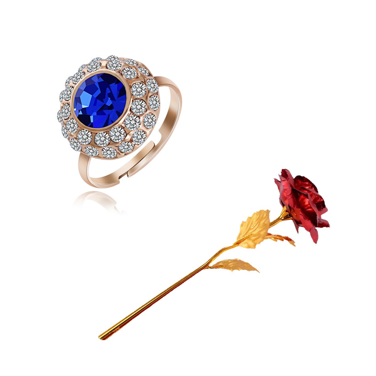 Valentine's Day Gift Set Blue Stone Ring & Red Rose Combo image 1