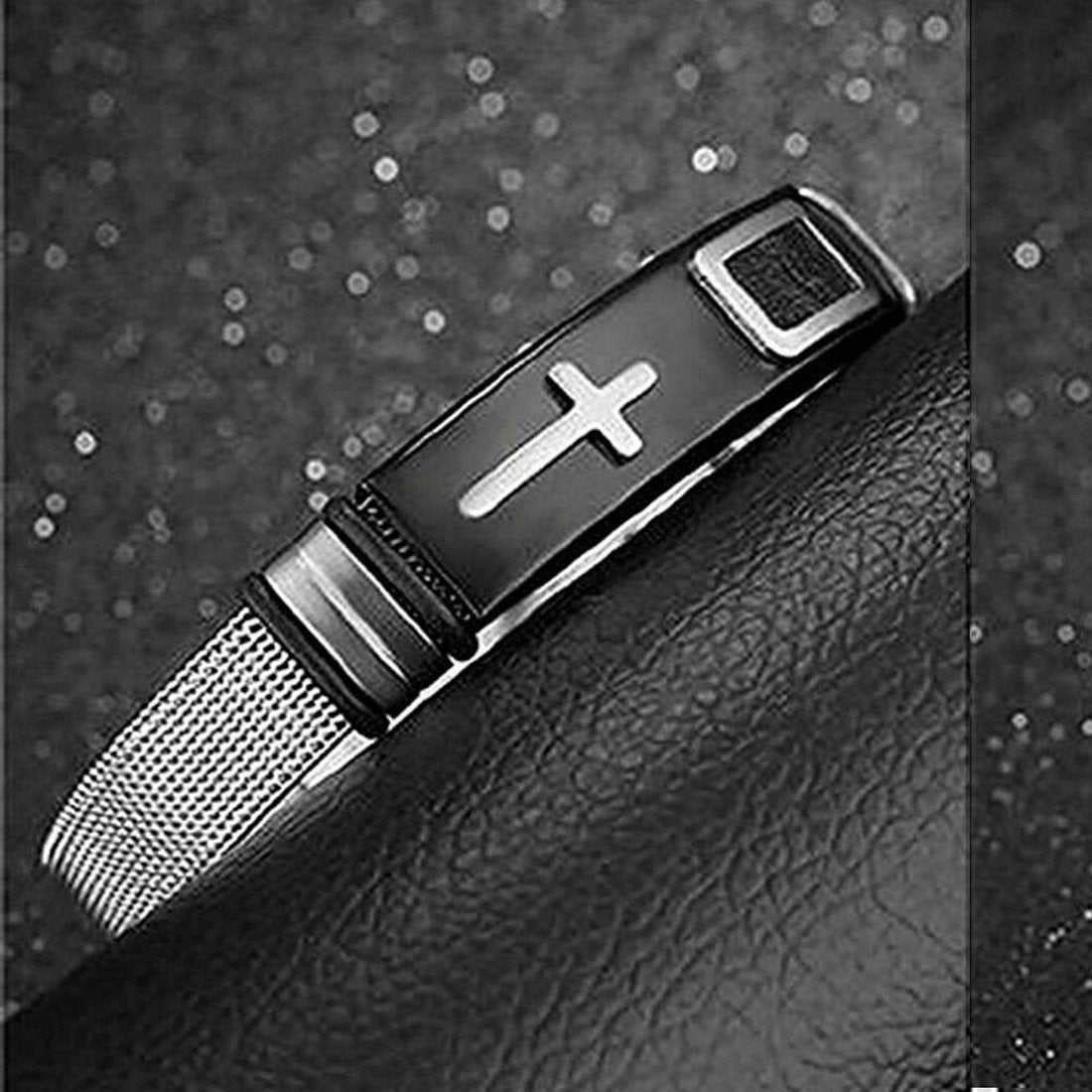 Men's Silver-Plated Mesh Cross Engraved Black Raised Bracelet image 2