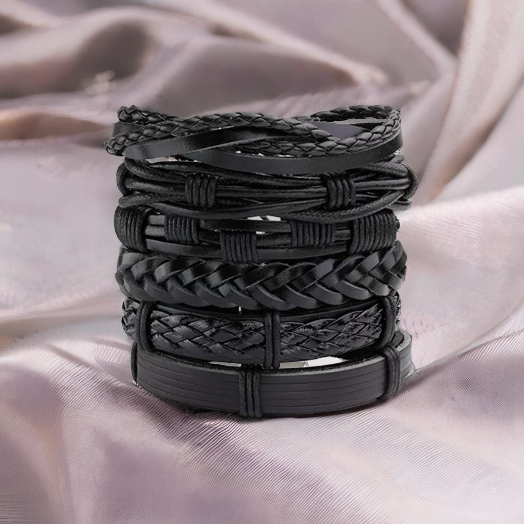 Black Leather Beaded Cuff Bracelets (Set of 6) image 7