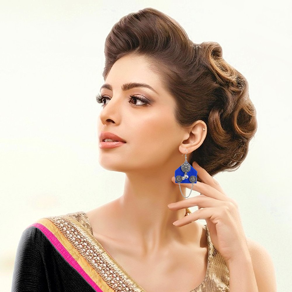 Royal Blue Fabric Chain String Dangler Earrings image 1