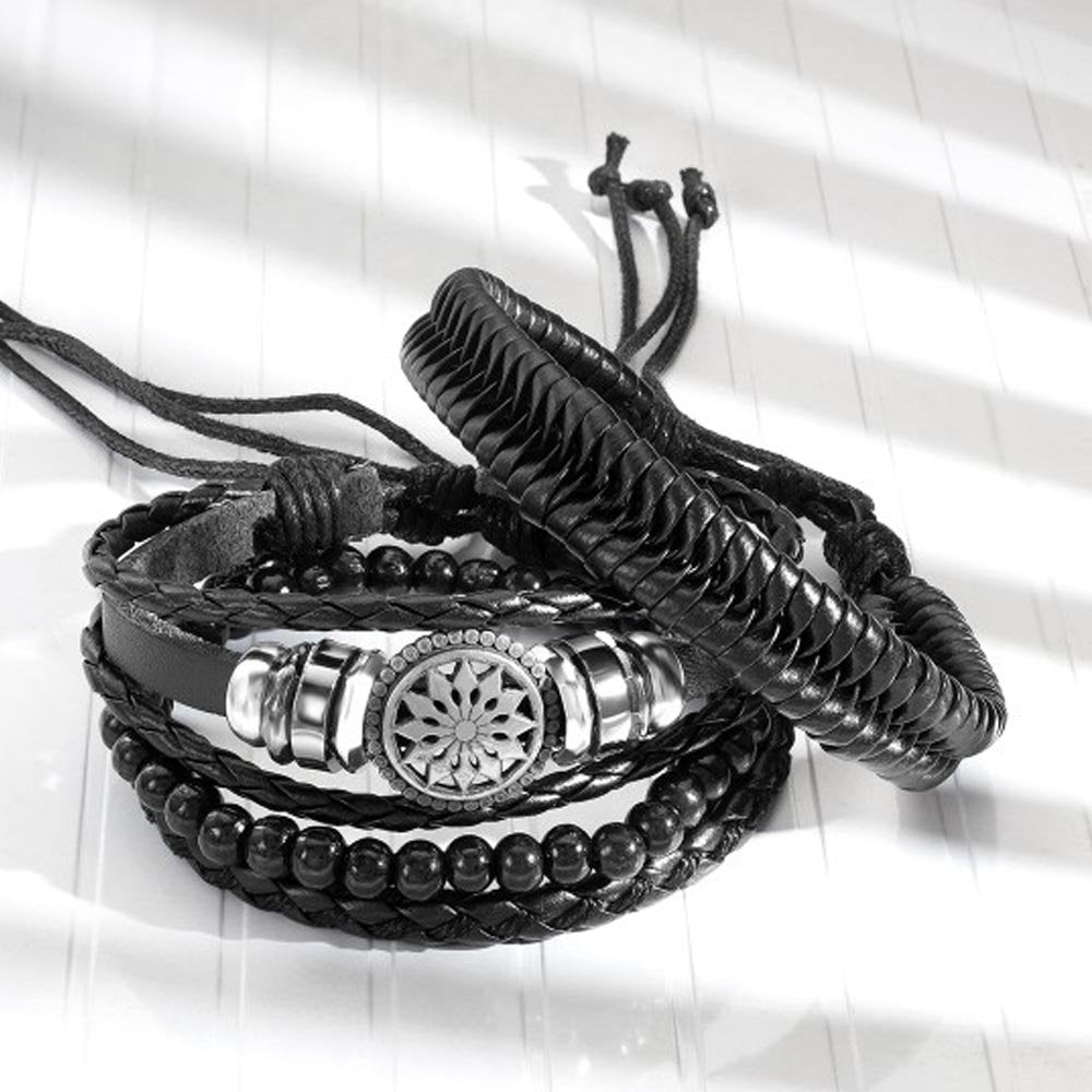 Men's Oxidised Silver Wheel Leather Black Beads Bracelet image 3