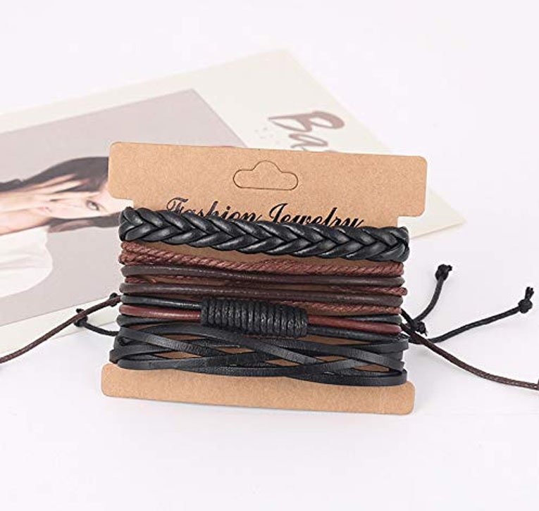 Men's Casual Black & Brown Multi-String Wrap Bracelet Set (4 Pieces) image 5